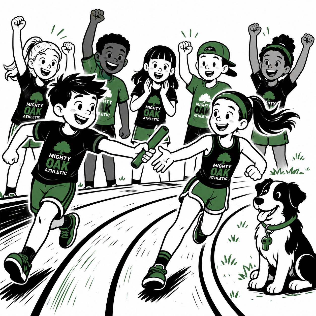 Black, green, and white cartoon of kids in Mighty Oak Athletic shirts passing a relay baton on a track while teammates cheer and a dog with a whistle on its collar watches from the grass