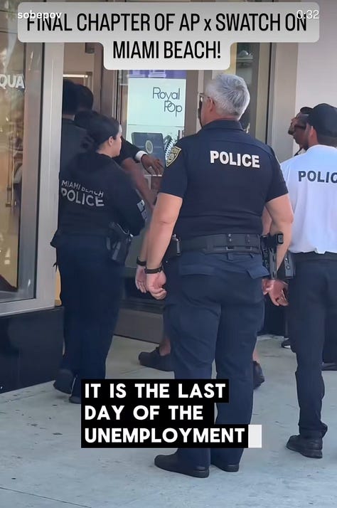 Nine-panel grid of social media screenshots and news footage capturing the chaotic global rollout of the Swatch x Audemars Piguet Royal Pop collaboration. Top row shows uniformed police officers stationed outside a Swatch boutique with the caption "It is the last day of the," a massive crowd packed shoulder-to-shoulder on a Manhattan street in front of "The Lion King" Broadway theatre near Times Square, and a blurred storefront image suggesting motion or commotion. Middle row shows a confrontation between police and individuals on a city street captioned "Losing their freedom," another angle of the dense Times Square crowd in front of the Lion King theatre with people raising phones to film, and an overhead view of a packed crowd outside a Swatch storefront. Bottom row shows a quiet shot of someone walking past a closed boutique captioned "Things getting crazy at the AP X Swatch lineup in Montreal" with a Canadian flag emoji, police officers detaining or speaking with individuals inside a building with the caption "in Miami shutdown," and a dark cinematic still featuring a dimly lit restaurant or bar interior with the text "It's from this new Swatch collab called the Royal Po—" overlaid. The collage documents the global scale of the disruption — from New York and Montreal to Miami — and the police response that accompanied multiple store closures during the Royal Pop launch.