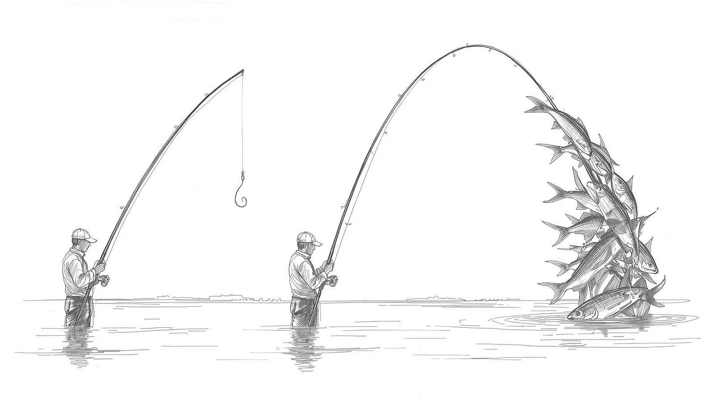 Three figures fishing with dramatically different results, the third attracting fish without hooking them