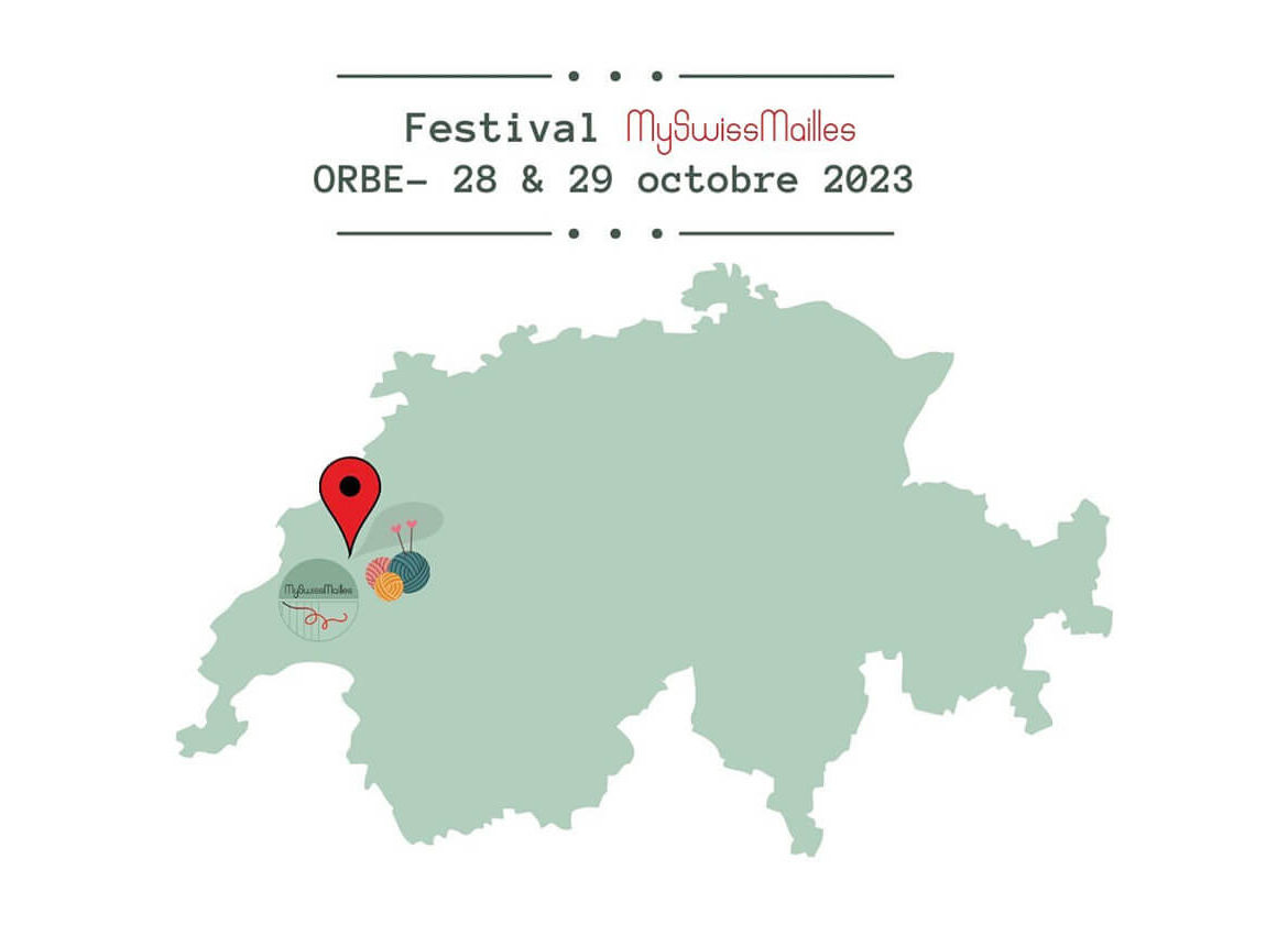 A map of Switzerland with a location marked in red next to an image of yarn balls and knitting needles, as well as the date of a yarn festival.