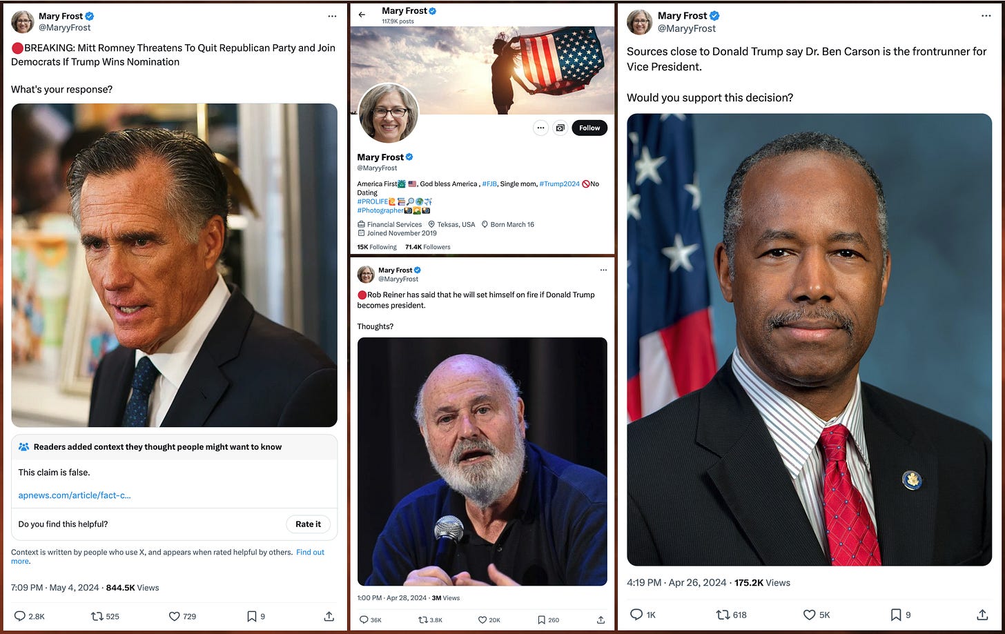 screenshots of three @MaryyFrost posts and a screenshot of @MaryyFrost's profile. Posts: "Breaking: Mitt Romney Threatens To Quit Republican Party and Join Democrats If Trump Wins Nomination. What's your response" "Rob Reiner has said that he will set himself on fire if Donald Trump becomes president. Thoughts?" "Sources close to Donald Trump say Dr. Ben Carson is the frontrunner for Vice President. Would you support this decision?" screenshots of three @MaryyFrost posts and a screenshot of @MaryyFrost's profile. Posts: "Breaking: Mitt Romney Threatens To Quit Republican Party and Join Democrats If Trump Wins Nomination. What's your response" "Rob Reiner has said that he will set himself on fire if Donald Trump becomes president. Thoughts?" "Sources close to Donald Trump say Dr. Ben Carson is the frontrunner for Vice President. Would you support this decision?"