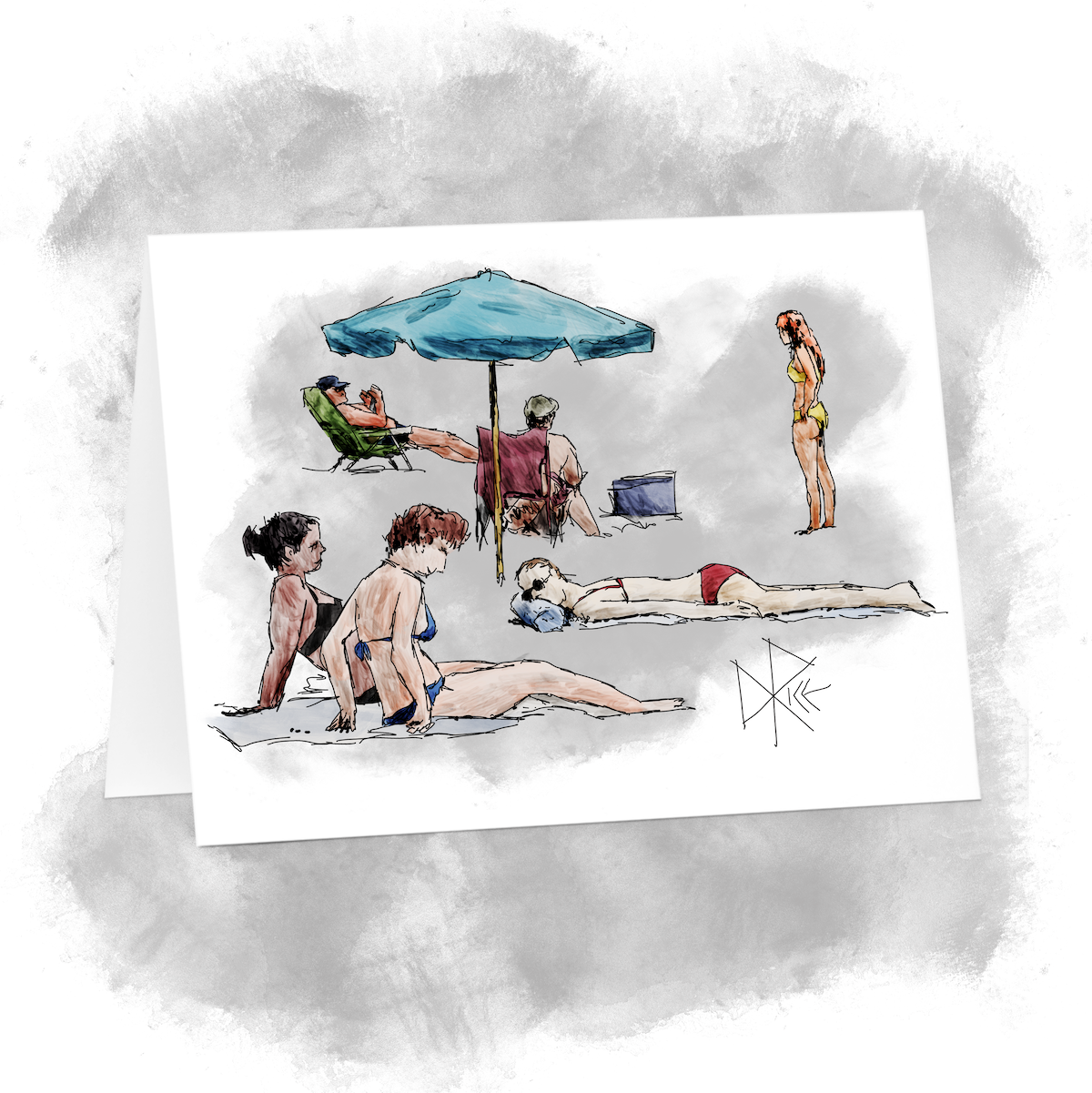 People on a beach enjoy a hot and sunny afternoon. Sketch art by Don Rice.