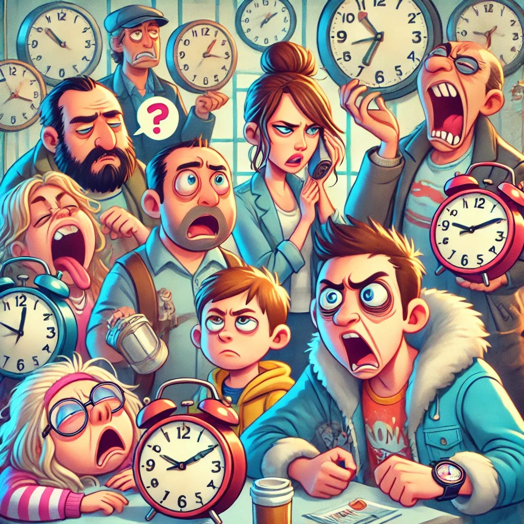 A cartoon-style illustration showing a diverse group of people expressing unhappiness about a time change. The scene includes individuals in various settings, such as workers looking confused at clocks, students yawning with tired eyes, a parent struggling to get their child out of bed, and commuters glaring at watches while waiting for a late bus. The characters have exaggerated expressions of frustration and fatigue, and the background features whimsical clocks with hands spinning in chaotic directions. The art style is colorful and humorous, with exaggerated proportions and playful details.