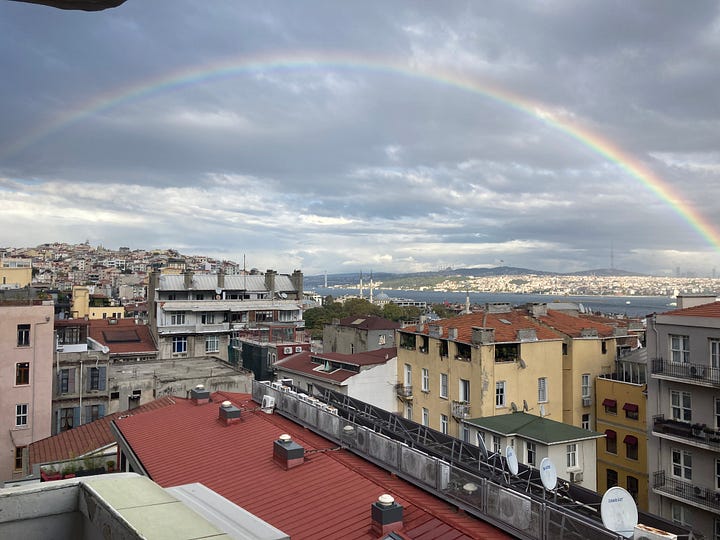 View of Galata from across the Golden Horn, and rainbow over the Bosphorus