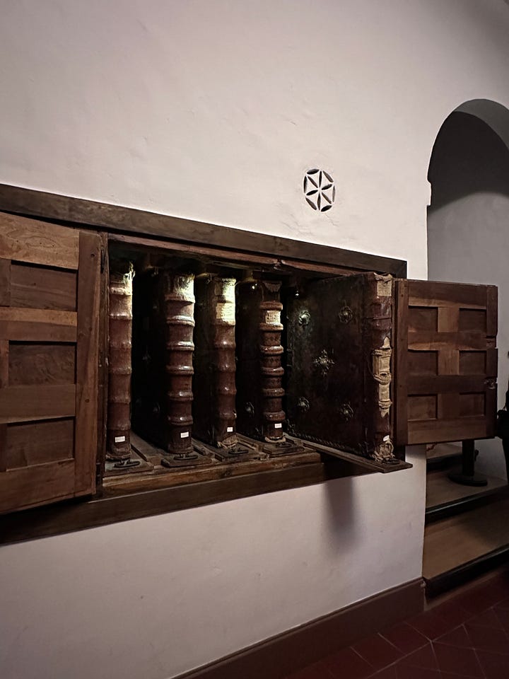 The ginormous choir-books filled with Gregorian chants.