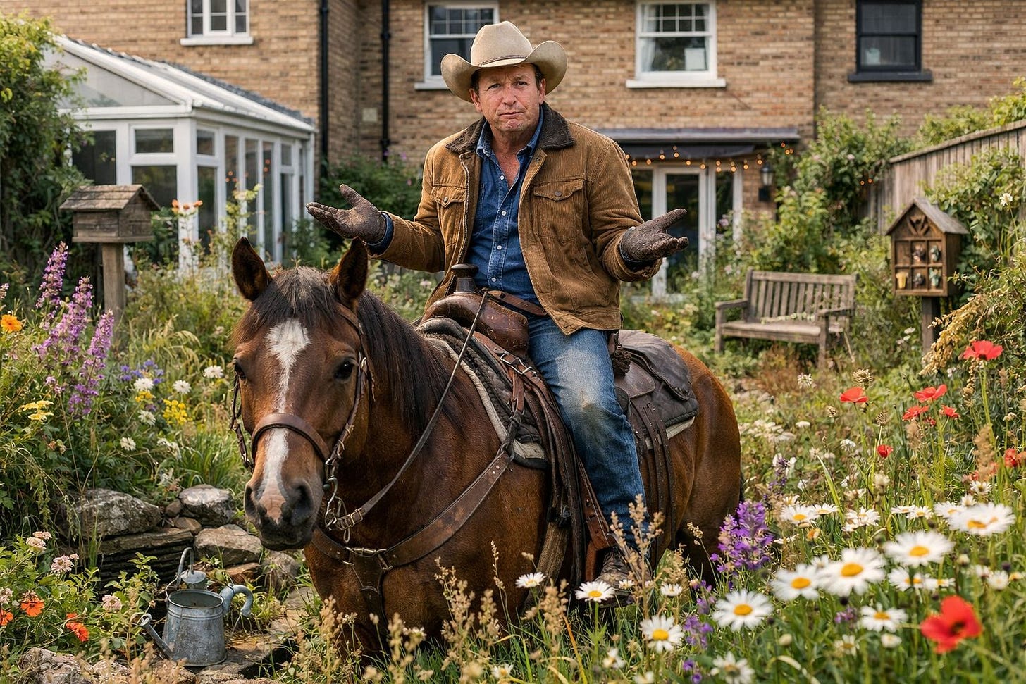 Cowboy on a Horse in Small Terraced Rewilded Garden Cowboy on a Horse in Small Terraced Rewilded Garden