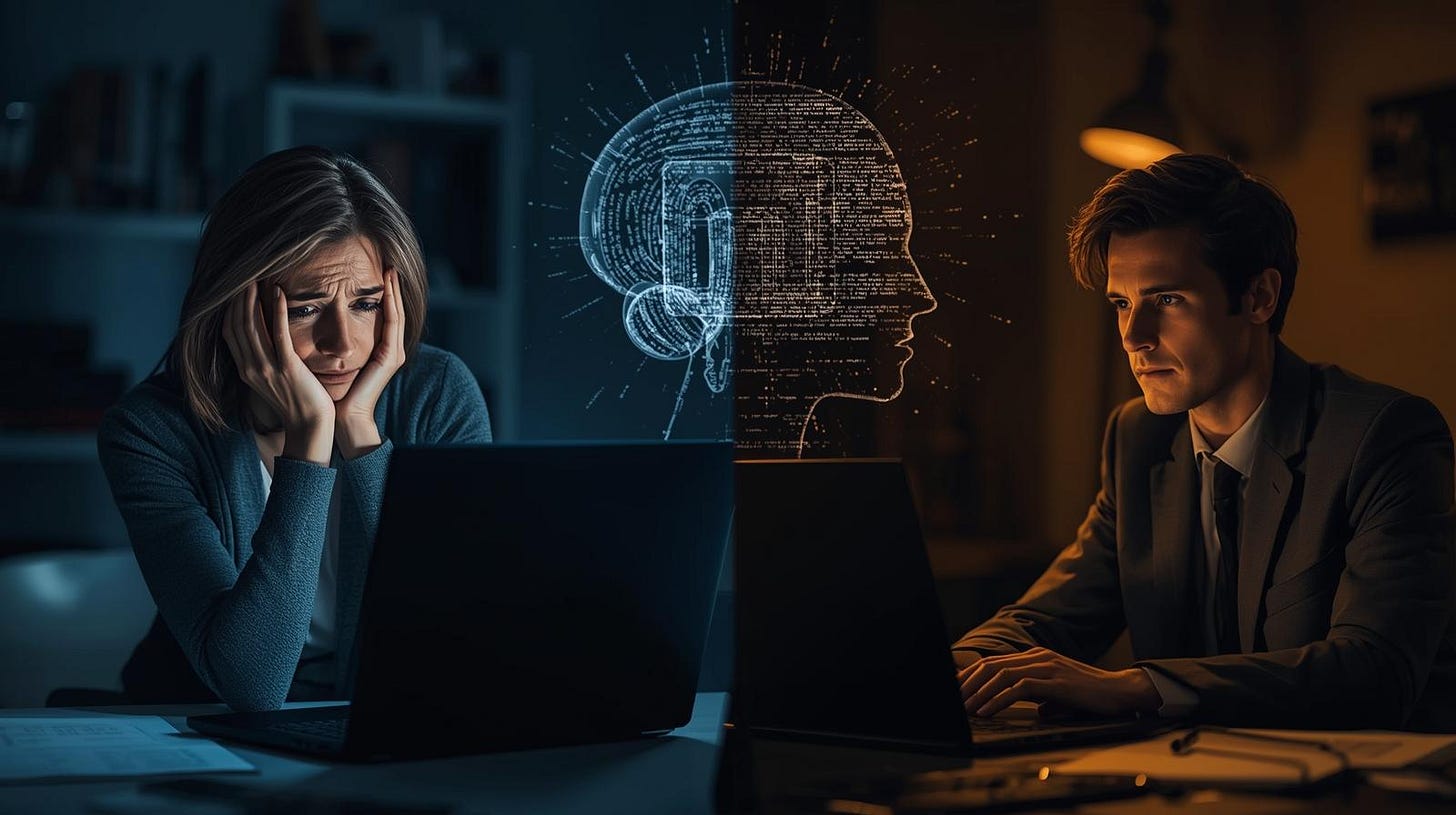 Split screen of two people with low reach on one side and high reach on the other, showing algorithm impact. Split screen of two people with low reach on one side and high reach on the other, showing algorithm impact.