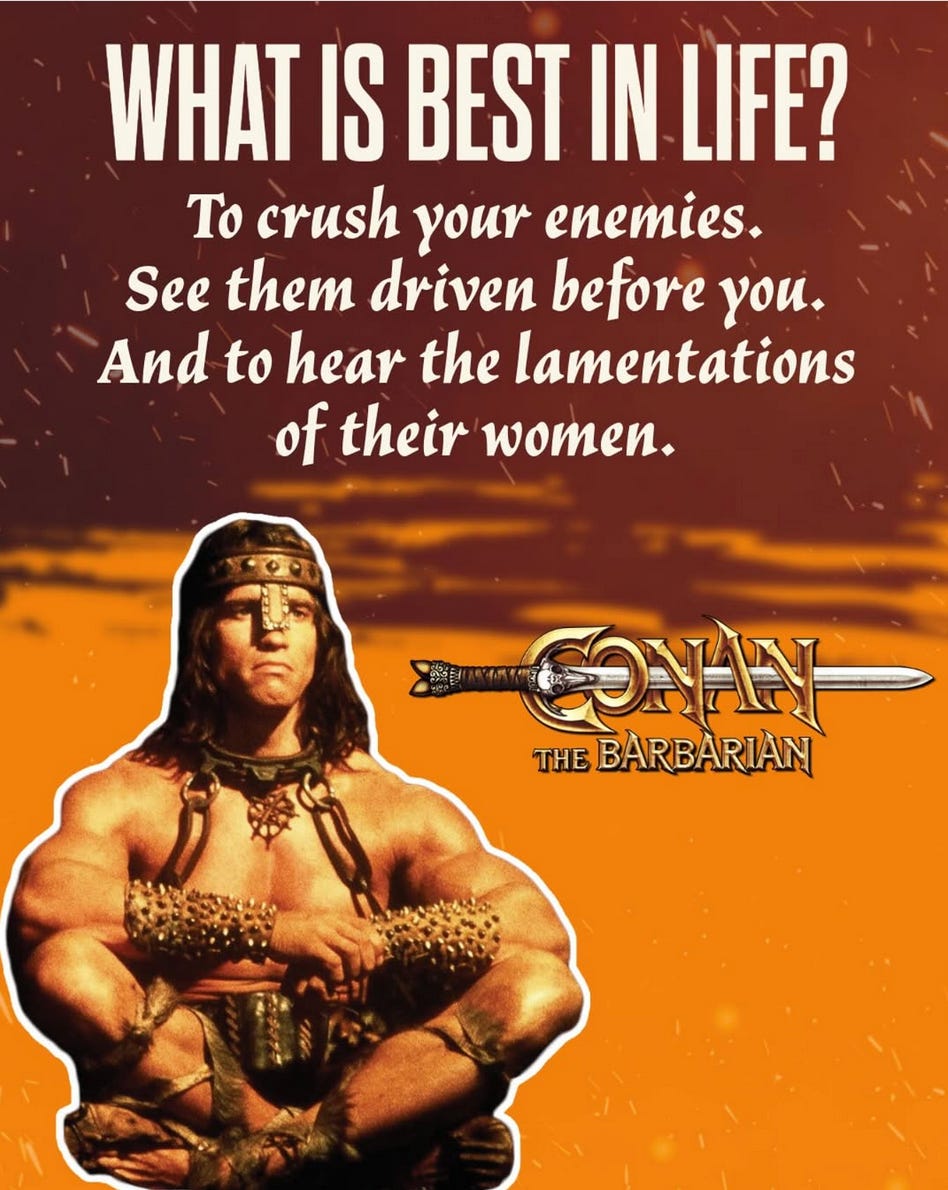 conan poster with conan sitting there looking tough and mean; quote says "What Is Best in Life: to crush your enemeis, see them driven before you and to hear the lamentations of their women.