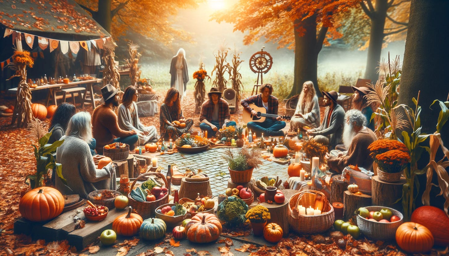 A peaceful and reflective gathering for the Fall Equinox (Mabon) celebration. People are in a rustic outdoor setting, surrounded by autumn foliage and harvest decorations like pumpkins, apples, and cornstalks. The scene includes activities such as sharing a harvest feast, making offerings of seasonal produce, and giving thanks. The atmosphere is serene and communal, with participants engaged in storytelling, music, and enjoying the beauty of the autumn season.