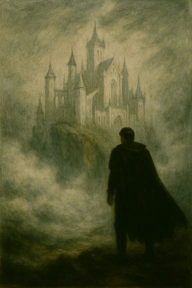A haunting fantasy image of the white city that Strahd sees when he gazes into the mists. The city is distant and ethereal, perched atop a jagged cliff surrounded by swirling fog. Its architecture is elegant and ancient, with gleaming white spires, domes, and towers that rise into a twilight sky. The buildings are made of marble and silver stone, with arched bridges and crystalline windows that shimmer faintly. The mists curl around the base of the city, glowing with a pale supernatural light. The sky above is streaked with violet and silver clouds, casting a soft, dreamlike glow. The city appears unreachable, evoking longing and dread, as if it were a vision of something lost or forbidden.
