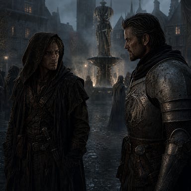 Greegan sandy haired wiry hooded rogue tense in misty Vallaki town square speaking with Fleetwood brooding Silver Dragon knight with short beard and battle worn armor near fountain fog curling between them