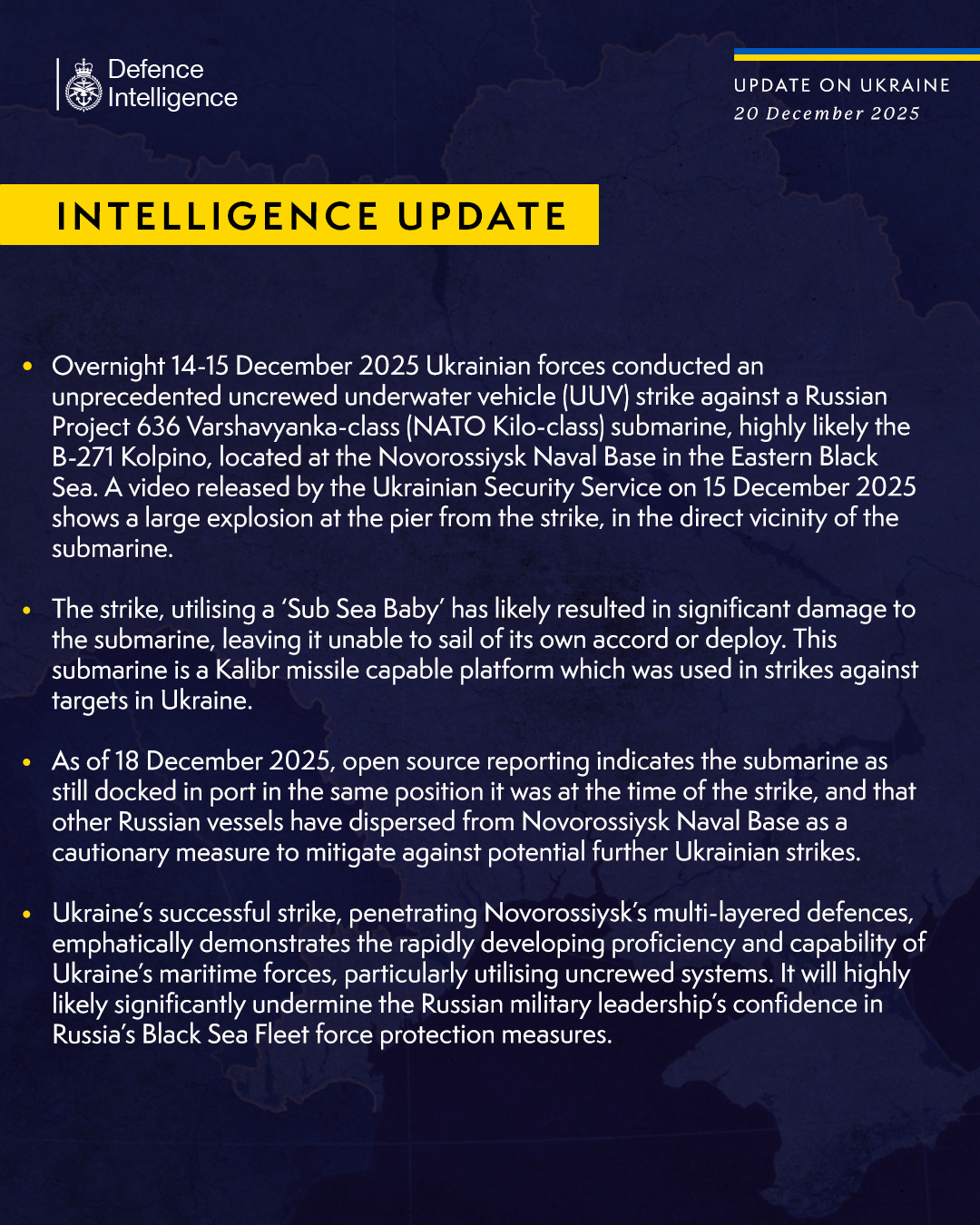 Latest Defence Intelligence update on the situation in Ukraine - 20 December 2025. Latest Defence Intelligence update on the situation in Ukraine - 20 December 2025.