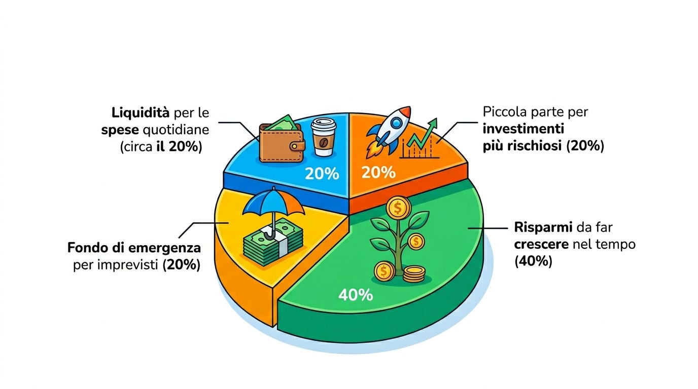 Illustrazione 3D di un grafico a torta colorato che mostra una strategia di gestione del denaro suddivisa in quattro sezioni: Liquidità (20%), Fondo di emergenza (20%), Risparmi a lungo termine (40%) e Investimenti rischiosi (20%). Illustrazione 3D di un grafico a torta colorato che mostra una strategia di gestione del denaro suddivisa in quattro sezioni: Liquidità (20%), Fondo di emergenza (20%), Risparmi a lungo termine (40%) e Investimenti rischiosi (20%).