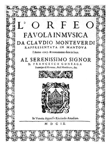 a decorated sheet headed "L'Orfeo: favola in musica da Claudio Monteverdi". The dedication is to "Serenissimo Dignor D. Francesco Gonzaga" and the date shown is MDIX (1609)