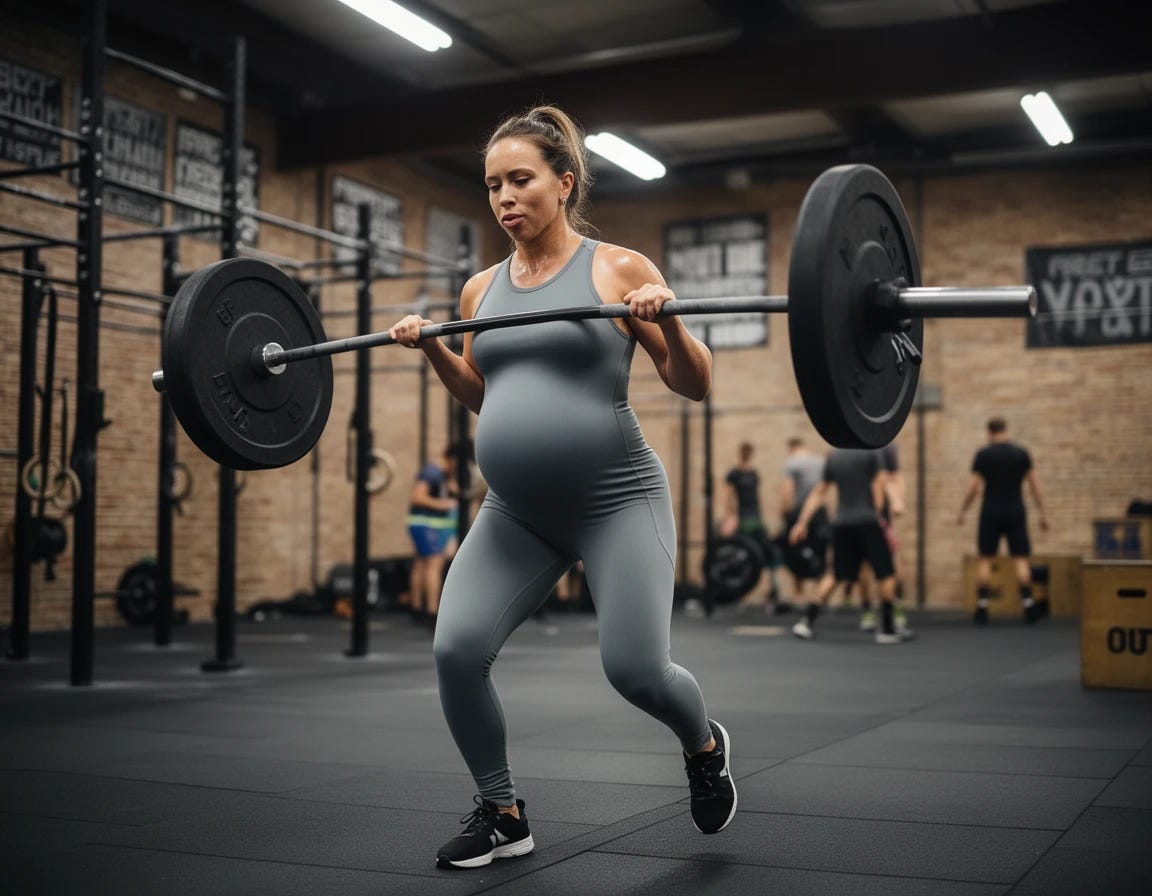 Pregnant woman doing crossfit while doing olympic lift the clean with a barbell