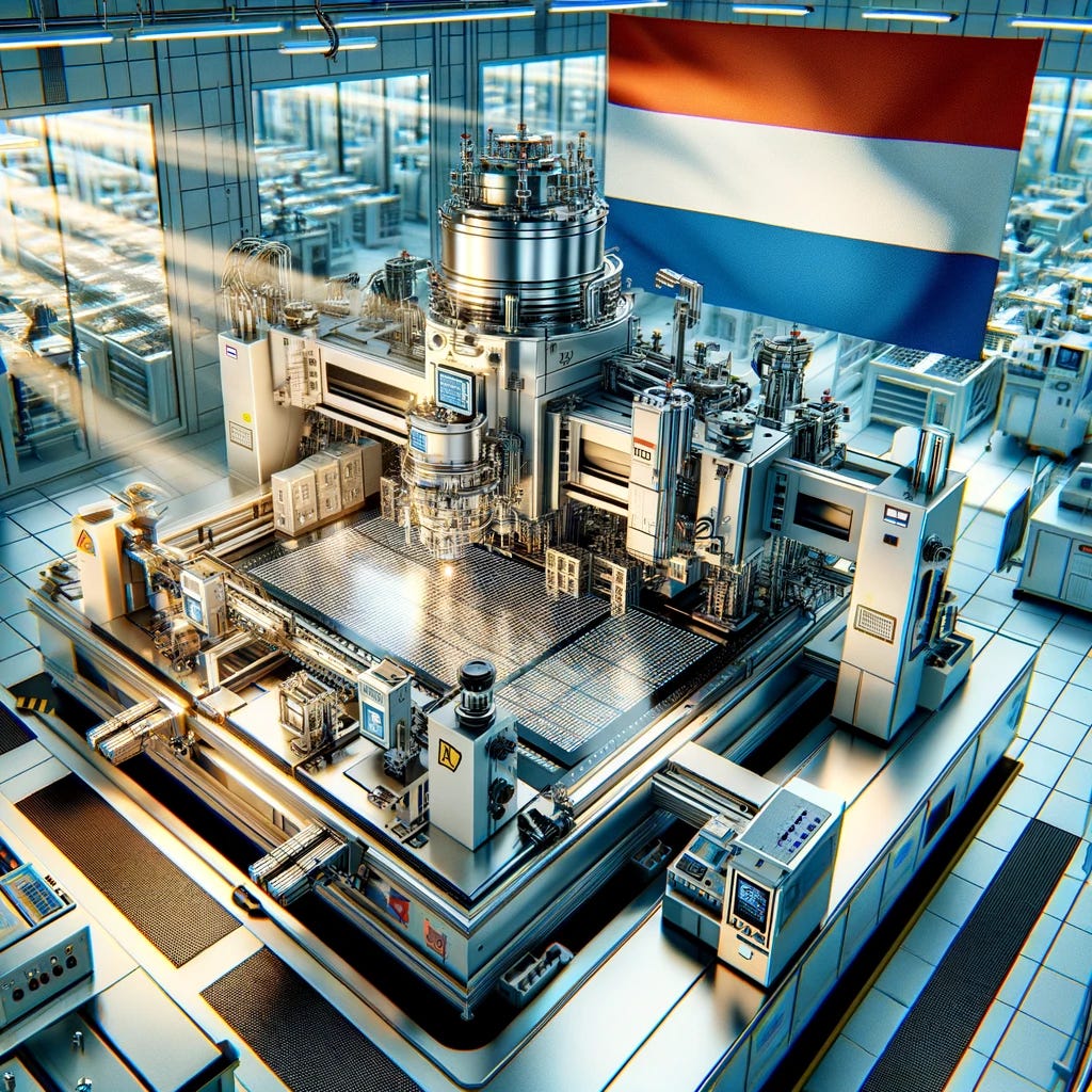 A detailed illustration of an EUV (Extreme Ultraviolet) lithography machine in a semiconductor manufacturing lab, featuring a Dutch flag. The machine is large and complex, with multiple robotic arms and high-tech optical components. It is operating on a silicon wafer, with light beams focused intensely on the wafer to etch microscopic circuits. The setting is a clean room environment, with visible filters and controlled lighting, emphasizing the precision and advanced technology of the process. A Dutch flag is prominently displayed in the background, symbolizing the machine's origin in the Netherlands.