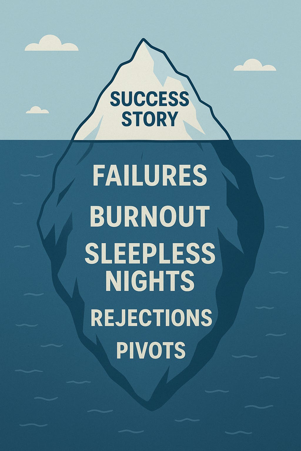 Iceberg graphic showing "Success Story" above water and hidden startup success factors like failure, burnout, and rejection below. Iceberg graphic showing "Success Story" above water and hidden startup success factors like failure, burnout, and rejection below.