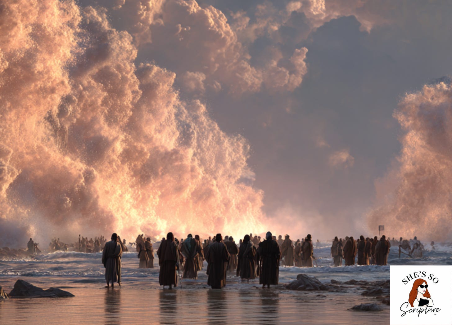 Israelites crossing the Red Sea on dry ground with towering waters on either side and a glowing pillar of fire behind them, symbolizing deliverance and trust.