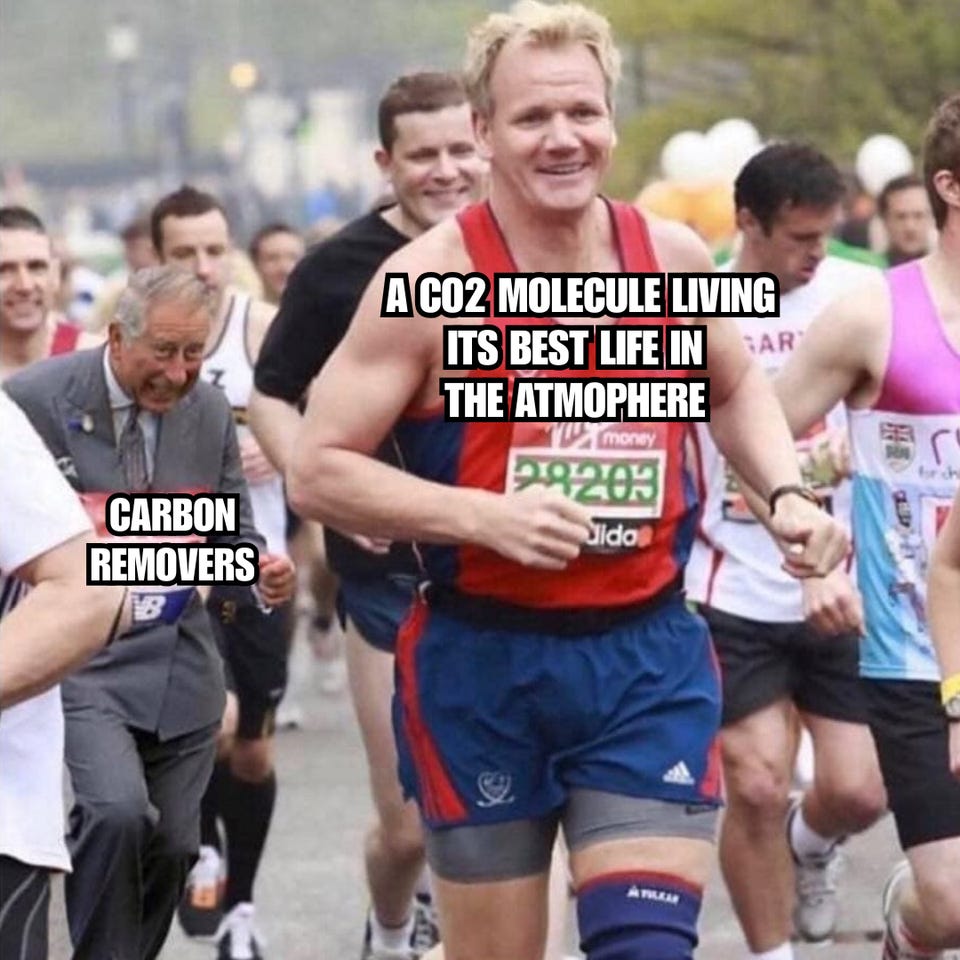 A marathon photo of a smiling runner in front, labelled "A CO2 molecule living its best life in the atmosphere," with an older man in a suit behind him labelled "Carbon removers."