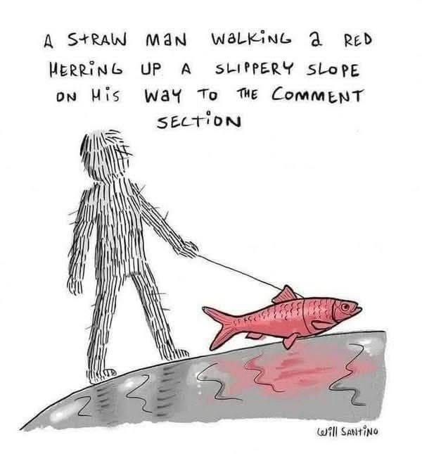 May be a doodle of fishing and text that says 'MAN A StRAW HERRiNG Mis Mis UP WaLKiNG a A ON RED THE way To SECTION SLIPPERY SLOPE COMMENT will SANtINO'