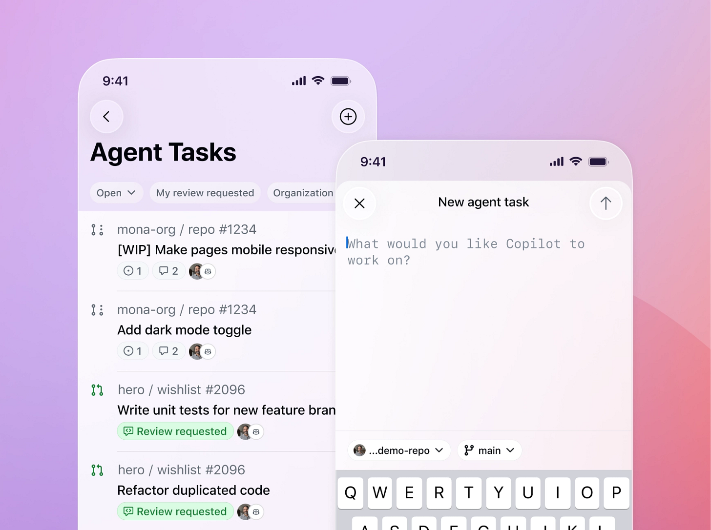 Two phone screens are shown: in the first screen, a list of agent tasks is shown. In the second screen, it shows a blank new agent task that asks, "What would you like Copilot to work on?" Two phone screens are shown: in the first screen, a list of agent tasks is shown. In the second screen, it shows a blank new agent task that asks, "What would you like Copilot to work on?"
