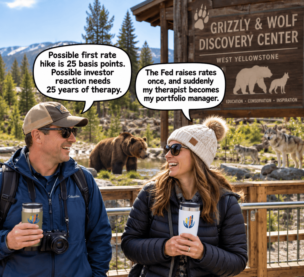 A man and a woman enjoying a conversation with animals in the background at the Grizzly & Wolf Discovery Center in West Yellowstone. The man wears sunglasses and a cap holding a camera, while the woman, also in sunglasses and a hat, holds a coffee cup and laughs. A man and a woman enjoying a conversation with animals in the background at the Grizzly & Wolf Discovery Center in West Yellowstone. The man wears sunglasses and a cap holding a camera, while the woman, also in sunglasses and a hat, holds a coffee cup and laughs.