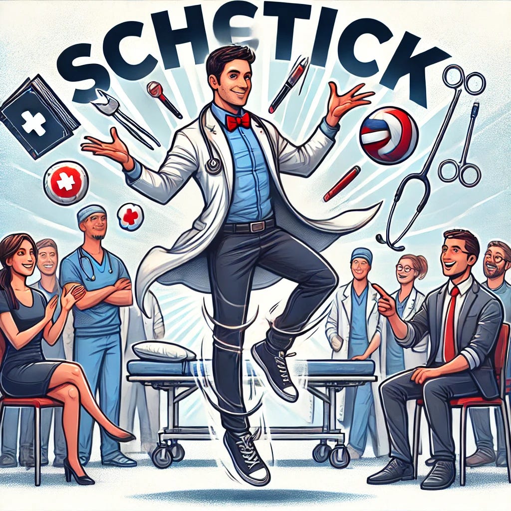 A dynamic illustration of a clinician with a 'schtick'—a confident professional showcasing a bunch of cool tricks related to their expertise. They might be juggling medical tools, flipping through a book mid-air, or demonstrating unique rehab techniques with flair. The scene has an engaging, almost magician-like energy, symbolizing their mastery and charisma in the field. Colleagues or patients look on, entertained and impressed. The style is semi-realistic with a playful and charismatic tone.