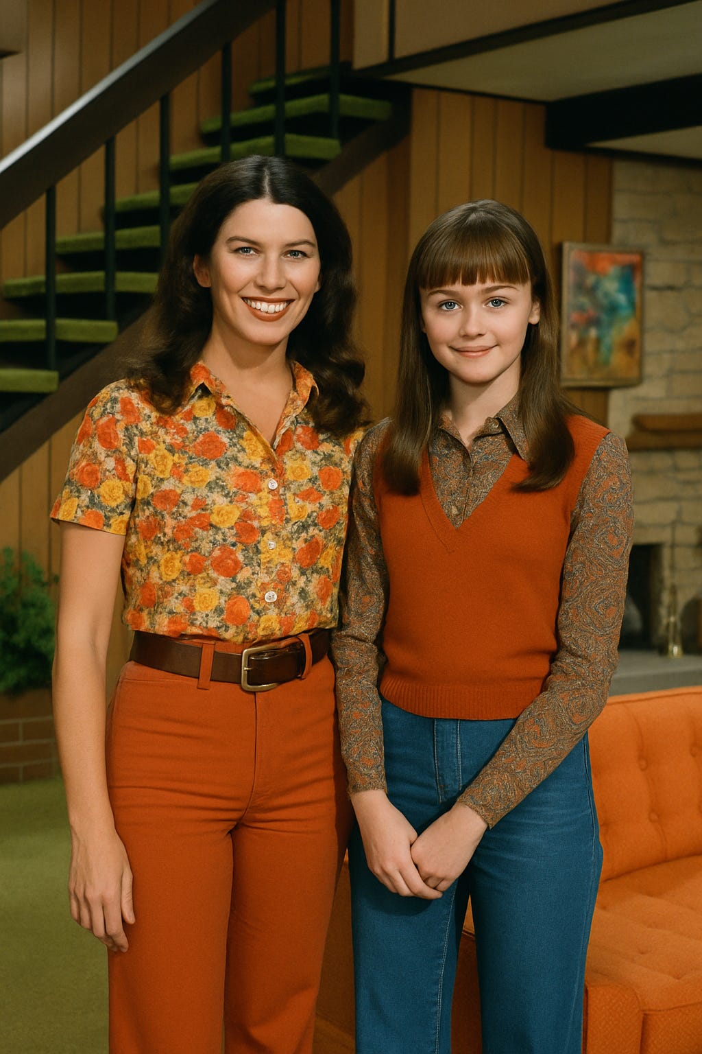 AI-Generated Fan Art Mashup of Lorelai Gilmore and Rory Gilmore wearing 70s clothing on the set of the Brady Bunch | rmrk*st | Remarkist Magazine