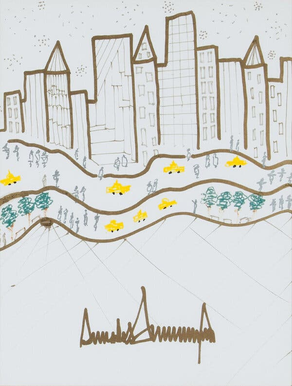 Another hand-drawn sketch of the Manhattan skyline donated to charity by Mr. Trump. Another hand-drawn sketch of the Manhattan skyline donated to charity by Mr. Trump.