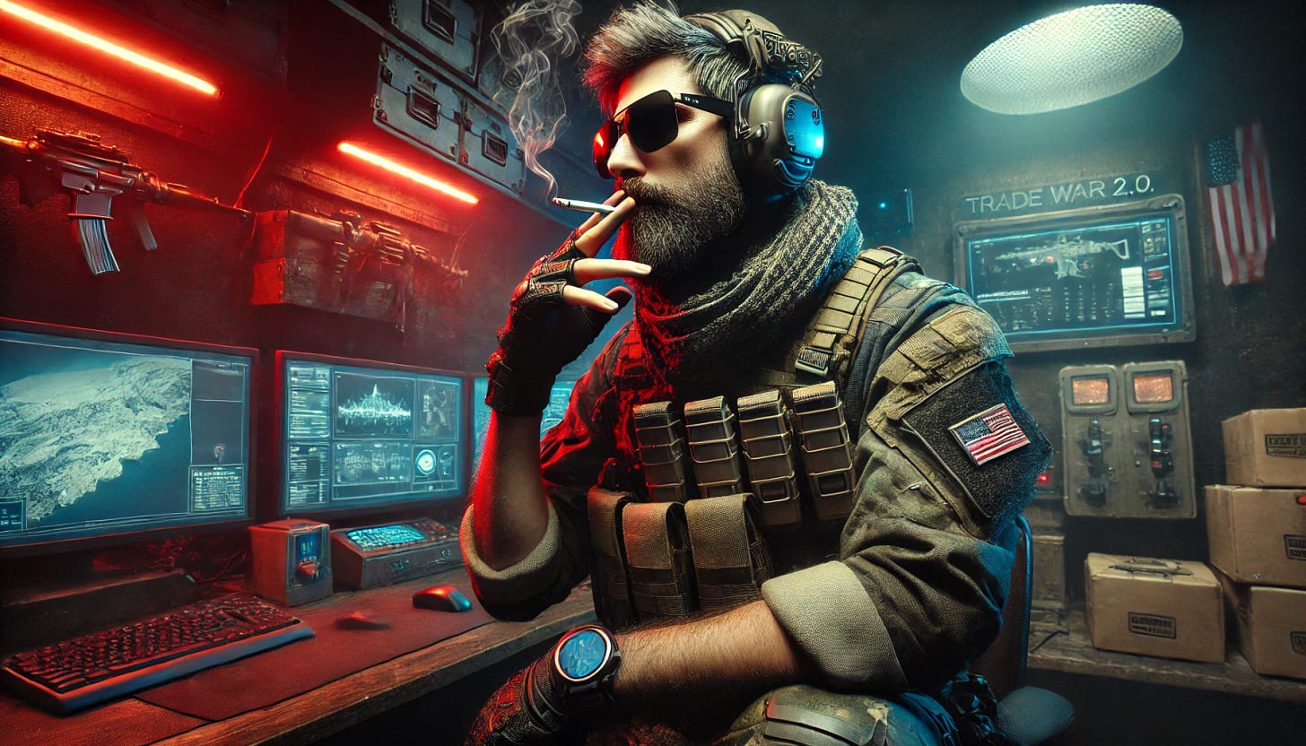 A hip, futuristic middle-aged man with a full beard and full head of hair, wearing stylish sunglasses and a tactical streetwear outfit, is in a rugged high-tech bunker. The setting is gritty and cyberpunk-inspired, lit with red and blue emergency lights. He is wearing a sleek combat helmet with an augmented visor, and calmly smokes a cigarette while looking off into the distance. Around him are high-tech monitors, maps, and military gear. Despite the tension of 'Trade War 2.0', he exudes calm, control, and effortless cool. The scene has cinematic dramatic lighting, wide 16:9 format.