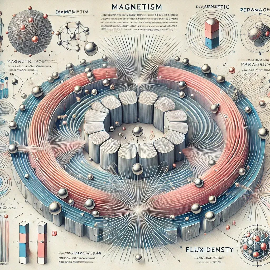 A detailed, comprehensive illustration depicting the concept of magnetism, showcasing elements from magnetic moments to flux density. The image should visually portray magnetic fields around different materials, including representations of magnetic moments (small arrows indicating atomic or electron spin directions), and flux lines around magnetic materials. Include visual elements like diagrams or labeled sections for magnetic properties such as diamagnetism, paramagnetism, and ferromagnetism, and show flux density with vivid, organized lines spreading from magnetic poles. Provide an overall clean, educational aesthetic, with soft colors suitable for a scientific overview. A detailed, comprehensive illustration depicting the concept of magnetism, showcasing elements from magnetic moments to flux density. The image should visually portray magnetic fields around different materials, including representations of magnetic moments (small arrows indicating atomic or electron spin directions), and flux lines around magnetic materials. Include visual elements like diagrams or labeled sections for magnetic properties such as diamagnetism, paramagnetism, and ferromagnetism, and show flux density with vivid, organized lines spreading from magnetic poles. Provide an overall clean, educational aesthetic, with soft colors suitable for a scientific overview.