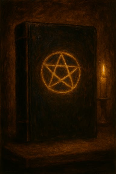 A richly detailed image of Khazan's book, resting on a worn wooden table in the Vallakovich mansion. The book is bound in navy-blue leather, its corners stained with ash and age. The cover bears the sigil of Khazan—a six-pointed star formed by two overlapping triangles, arcane and geometric, faintly gilded and catching the candlelight. The spine is unmarked, and the pages inside are yellowed, filled with dense, handwritten script and geometric diagrams. A faint aura seems to shimmer around the book, suggesting it holds knowledge not meant to be read. The atmosphere is quiet, tense, and steeped in mystery.