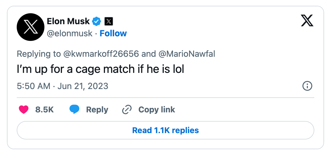 Musk risponde ad un tweet di un utente e dichiara di esser e pronto a sfidare nella gabbia Zuckerberg, LOL. Musk risponde ad un tweet di un utente e dichiara di esser e pronto a sfidare nella gabbia Zuckerberg, LOL.