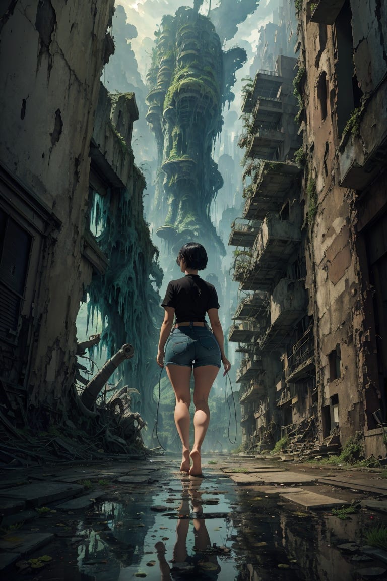 Woman walking in destroyed city ruins, overtaken by moss
