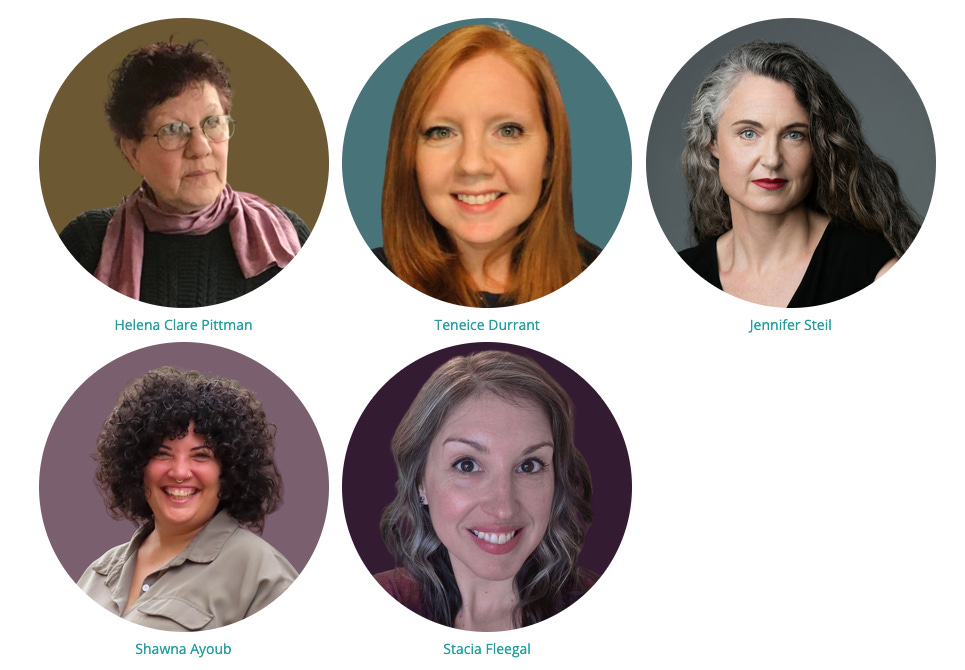 head shots in round frames with multicolored backgrounds of the five Center mentors, via creativewritingcenter.com