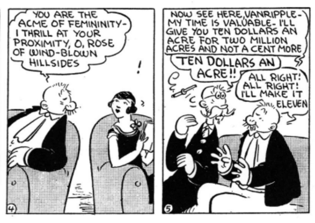 Wimpy and another man doing business while Wimpy is distracted by his wife or daughter, actually