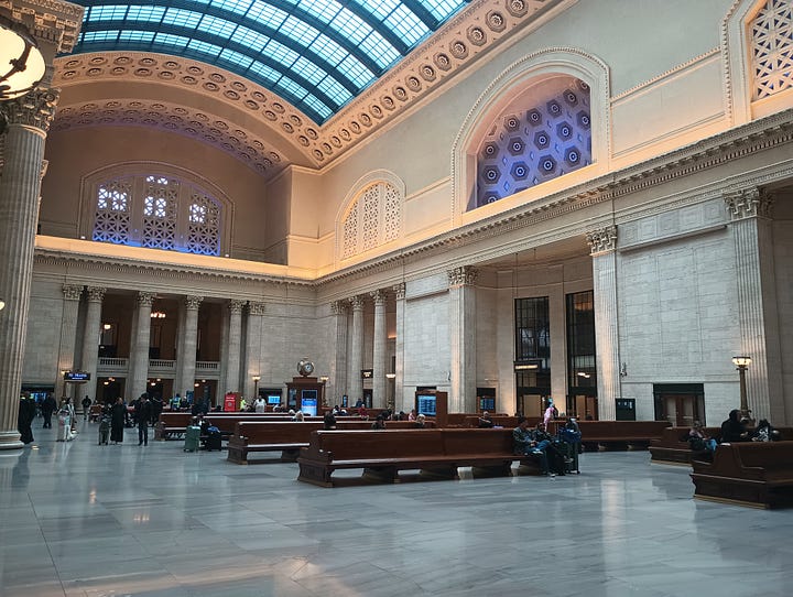 photo of main area of Union Station and photo of chairs in the lounge