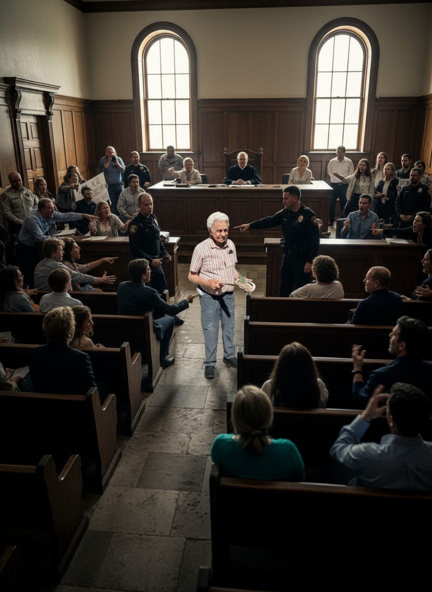 Man from original photo in a courtroom with angry audience.
