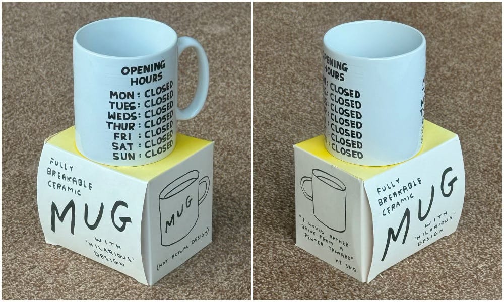 two shots of the same cup showing shop times all being closed.