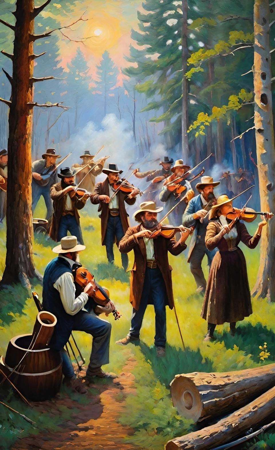 Color illustration of a small ad hoc orchestra paying outdoors. Created by Frank Moone using Dream.AI.