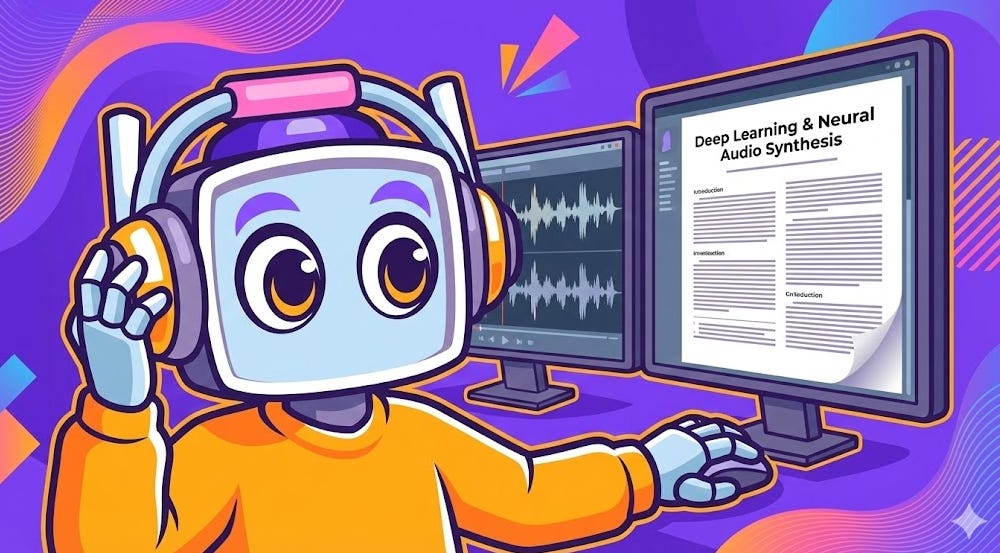 Neuralbuddy robot character adjusting studio headphones while reviewing a deep learning research paper on a dual-monitor setup against a vibrant purple background.