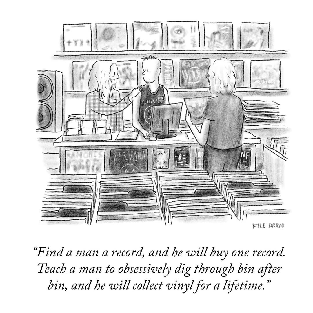 May be a black-and-white image of record player and text that says 'CRA NE KYLE BRAVO "Find a man a record, and he will buy one record. Teach a man to obsessively dig through bin after bin, and he will collect vinyl for a lifetime.'' May be a black-and-white image of record player and text that says 'CRA NE KYLE BRAVO "Find a man a record, and he will buy one record. Teach a man to obsessively dig through bin after bin, and he will collect vinyl for a lifetime.''