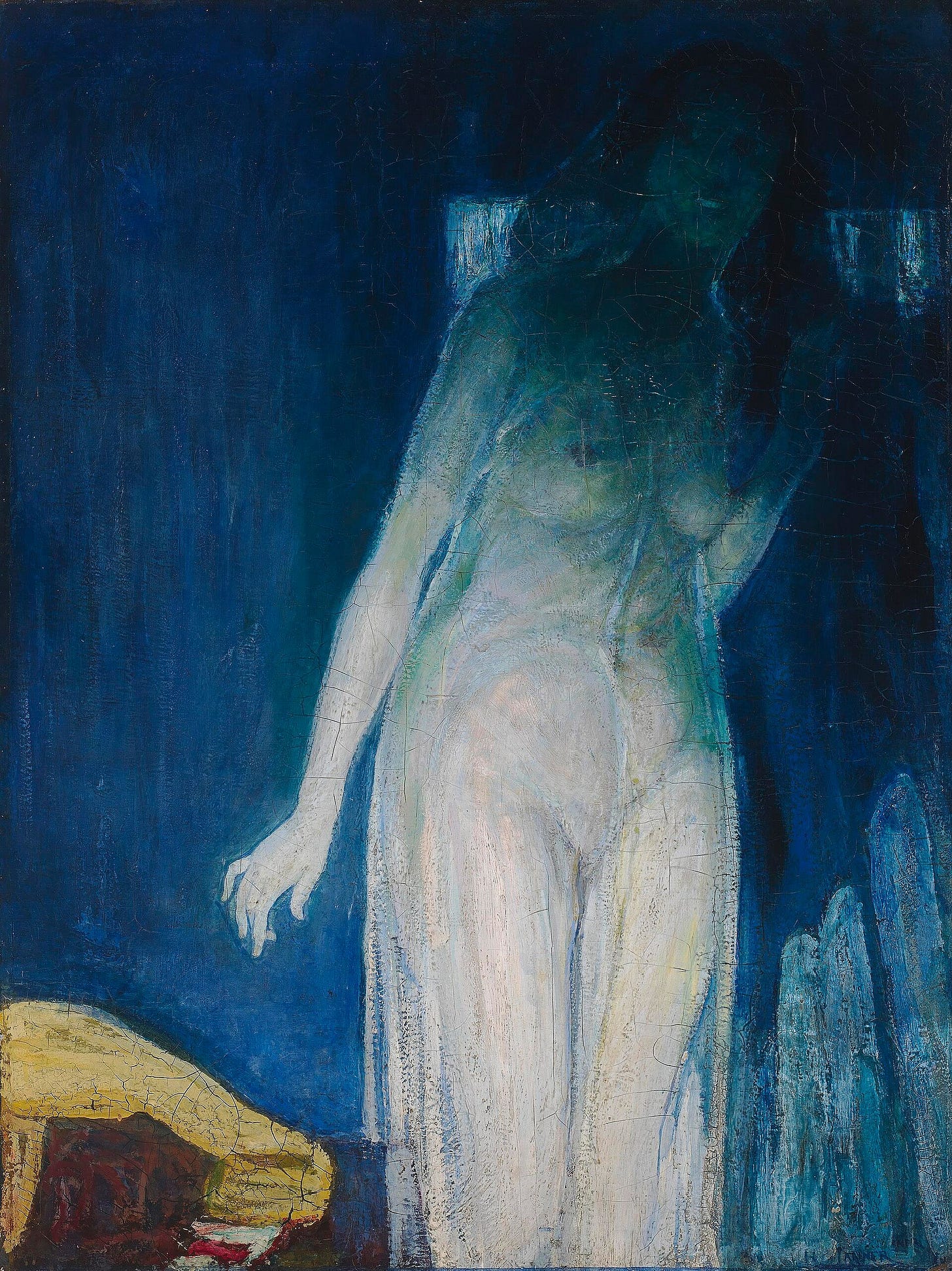 A tall, pale figure of a woman in a transparent veil turns away in a blue-green darkness, her face lost in shadow.