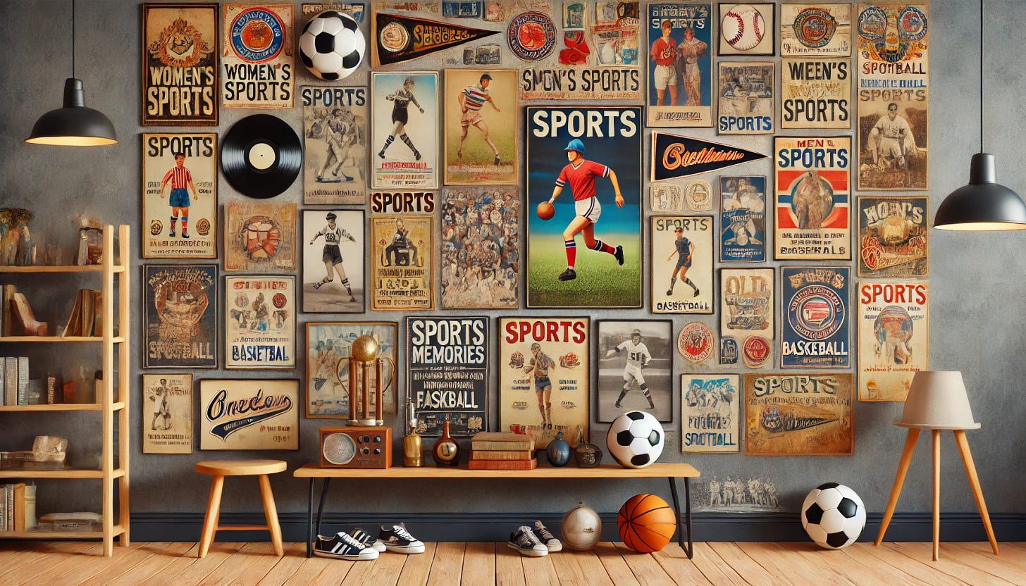 A retro-themed room with a wall covered in sports memories featuring both women's and men's sports. The wall displays a random assortment of vintage frames, posters, and memorabilia like old pennants and trophies, creating a nostalgic atmosphere. Sports items and moments from various sports such as soccer, baseball, football, basketball, and more are featured, enhancing the overall vintage and nostalgic feel.