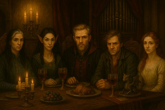 Create an image of Clarion, Silverleaf, Fleetwood, Greegan, Felonious, and Ireena Kolyana seated at the banquet table in Castle Ravenloft. Use their previously defined feature palettes. Clarion is tall and composed with black hair and a white streak, dressed in indigo and silver ceremonial attire, her expression solemn. Silverleaf has elven features with delicate bone structure, pointed ears, luminous eyes, and now dark hair; she wears soft green and gold layered fabrics with a mischievous smile. Fleetwood is brooding and formal, with dark wavy hair, intense eyes, and a tailored black and crimson coat with silver trim. Greegan is lean and angular, with tousled blond hair, storm-gray coat, and a guarded expression. Felonious is elegant and serpentine, with tousled dark hair, plum and silver attire, and a silver pseudodragon spirit perched nearby. Ireena Kolyana is graceful and resolute, with fiery red hair and a soft-toned gown, her posture defensive but dignified. They sit at a long banquet table lit by candlelight, with velvet runners, silver cutlery, and the organ looming in the background. The atmosphere is tense, regal, and quietly defiant.