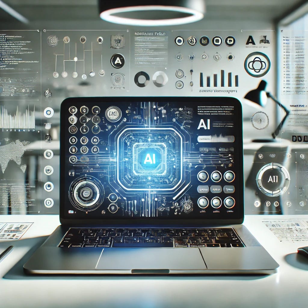 A sleek, modern workspace setup with a laptop displaying the Venice.ai interface on the screen. The interface shows various modular tools for AI content generation, data visualization, and project management. In the background, there are elements like charts, code snippets, and creative text boxes floating around, representing different AI functionalities. The environment is bright and minimalistic, with a hint of futuristic design. The laptop is centered, and the overall color palette is a mix of blues and silvers to emphasize technology and innovation.