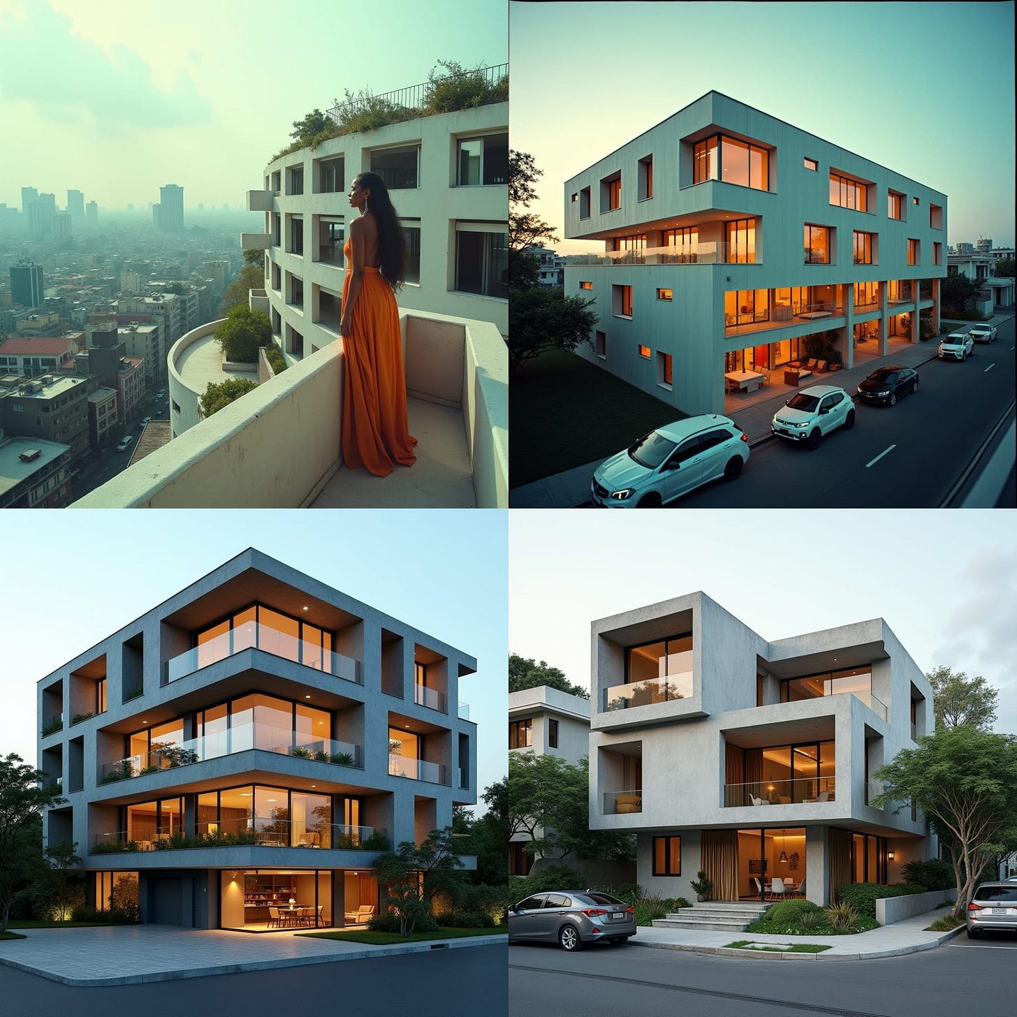 0 bedroom modern jamaican apartment block, lots of rectangle protruding windows, multi level large openings, bold looking in city area shops below in kingston jamaica