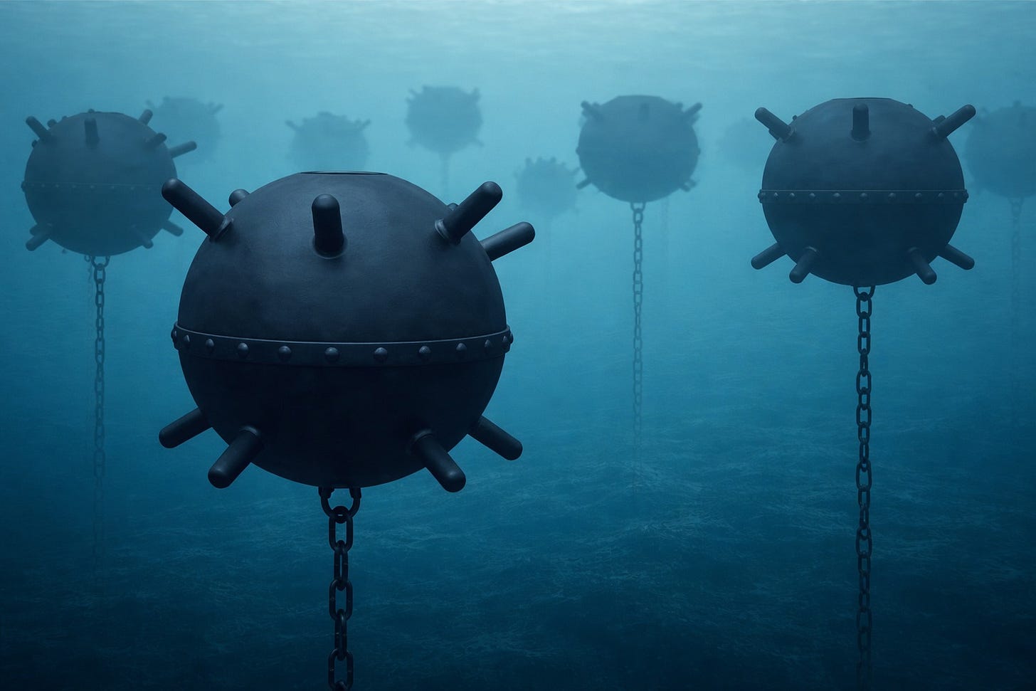 Underwater scene showing multiple naval mines anchored by chains to the ocean floor, with one large mine in the foreground and others fading into the blue distance.