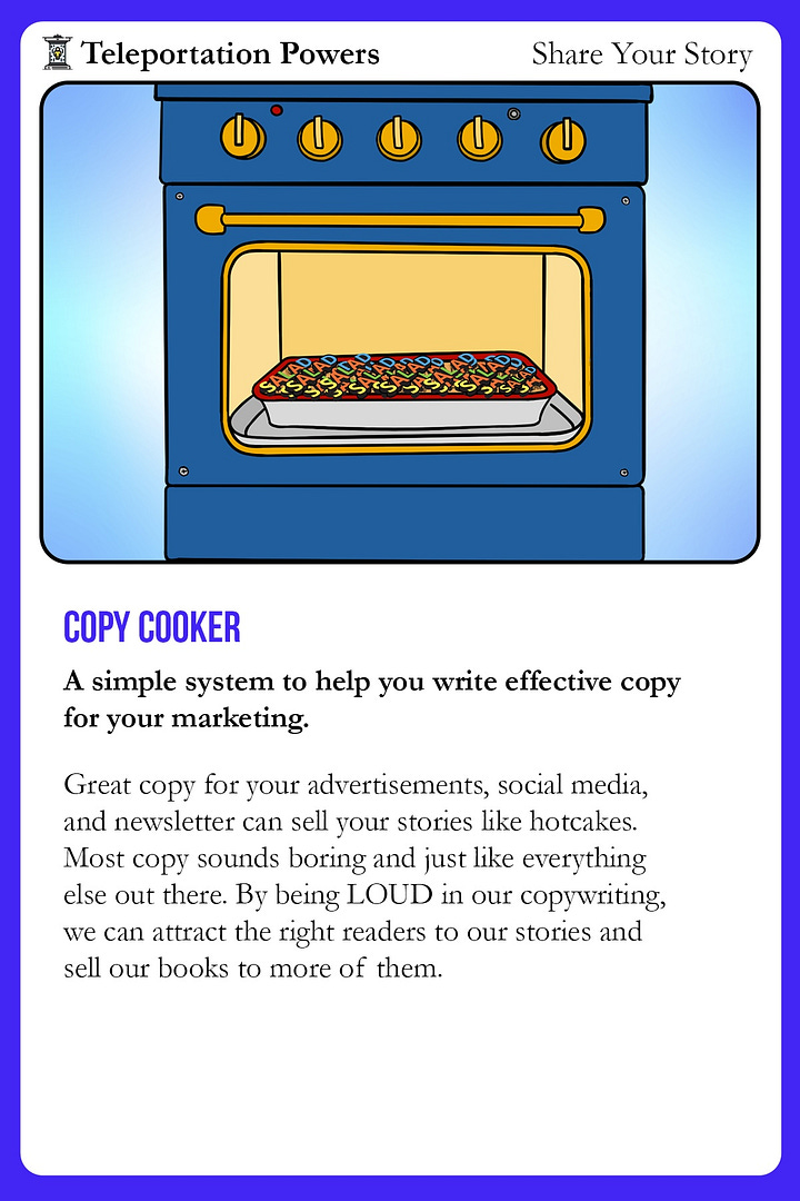 These are 5 images from the upcoming release of the Author Marketing Superpower Deck. Each image contains one of the teleportation powers, a description of the power, and a beautiful illustration to go along with it.