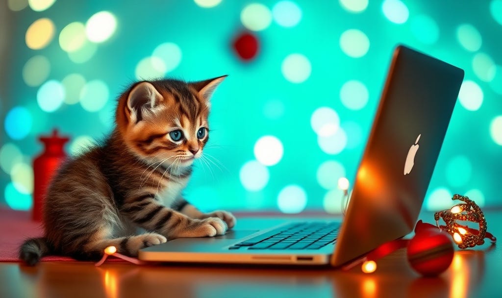 Image: Baby kitten using a laptop computer.